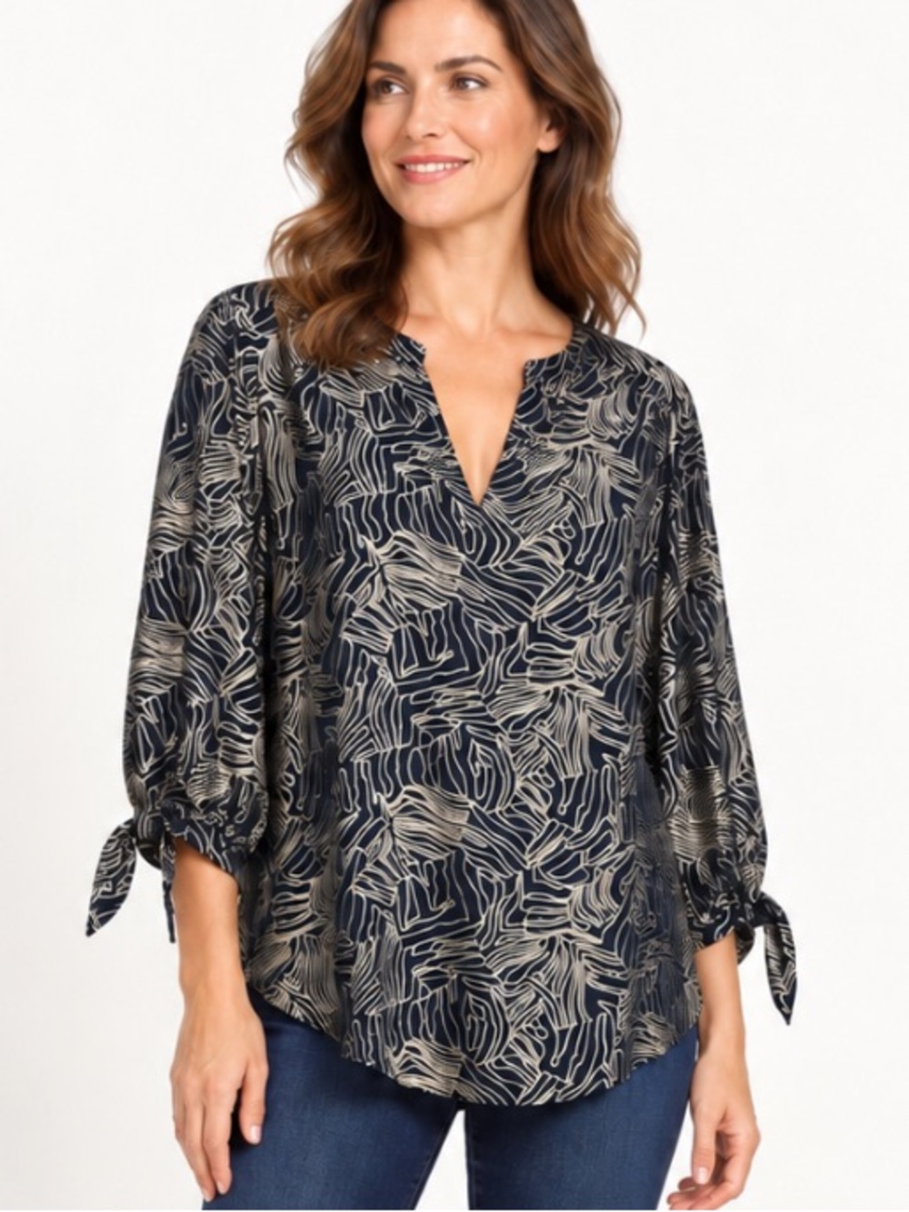 MICHAEL Michael Kors Navy and Gold Metallic Print Blouse 3/4 Sleeves Size Large